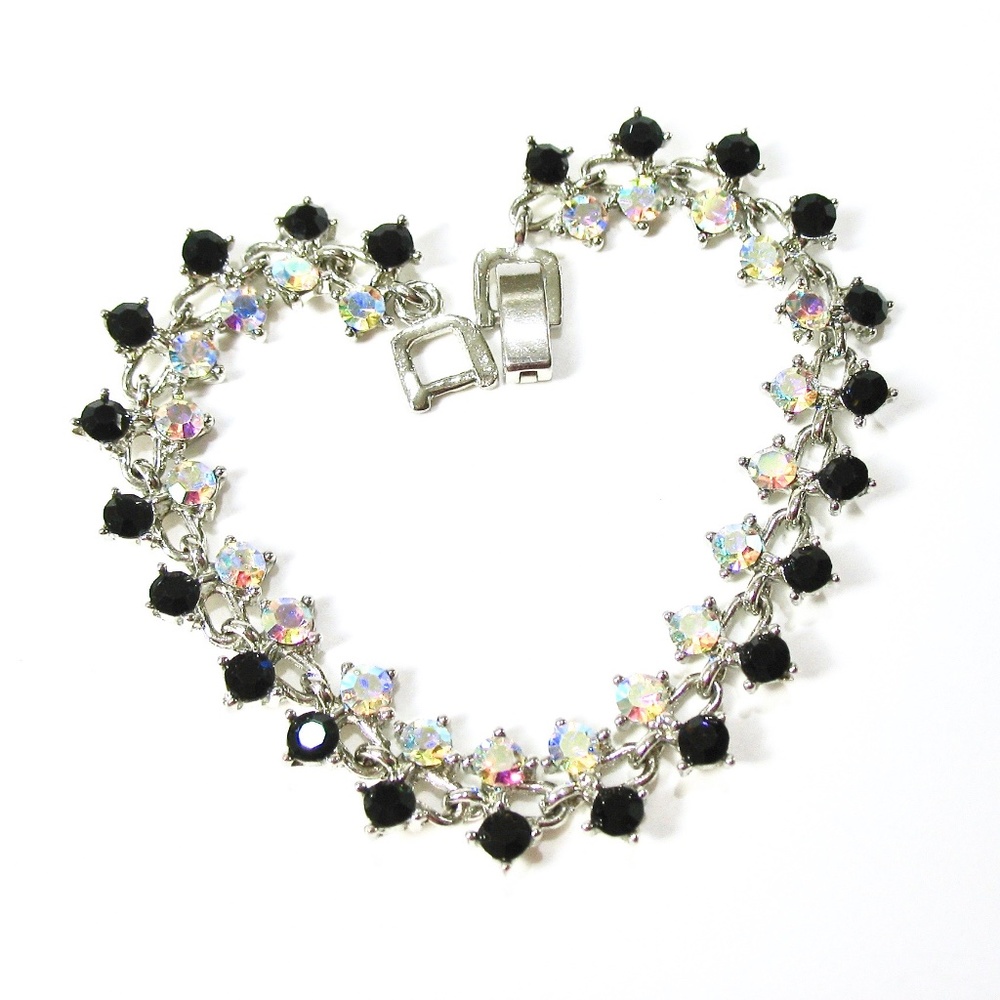 AB and Black Rhinestone Bracelet, Silver, 1970's